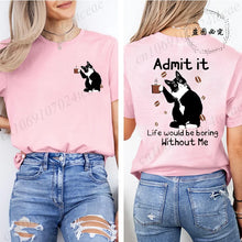 Load image into Gallery viewer, Pink t-shirt with a cat graphic and text on the front and back, worn by a person. Paws &amp; Applause T-shirt - Clothing - JBCoolCats