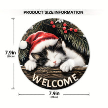 Load image into Gallery viewer, Circular product with a cat wearing a Santa hat and the word 'WELCOME', with dimensions indicated. Christmas Cat Welcome Sign - Szie - JBCoolCats