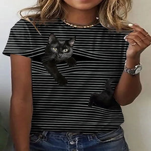 Person wearing a gray and white striped t-shirt with a black cat cat  peeking out graphic. Stripe and Seek: The Curious Cat T-Shirt - Shadow Pounce - JBCoolCats 