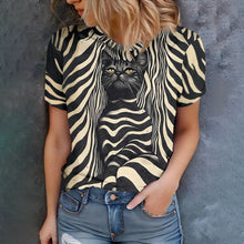 Load image into Gallery viewer, Whisker Waves Tee -  Person wearing a t-shirt with a zebra print and black cat design against a gray background - JBCoolCats 