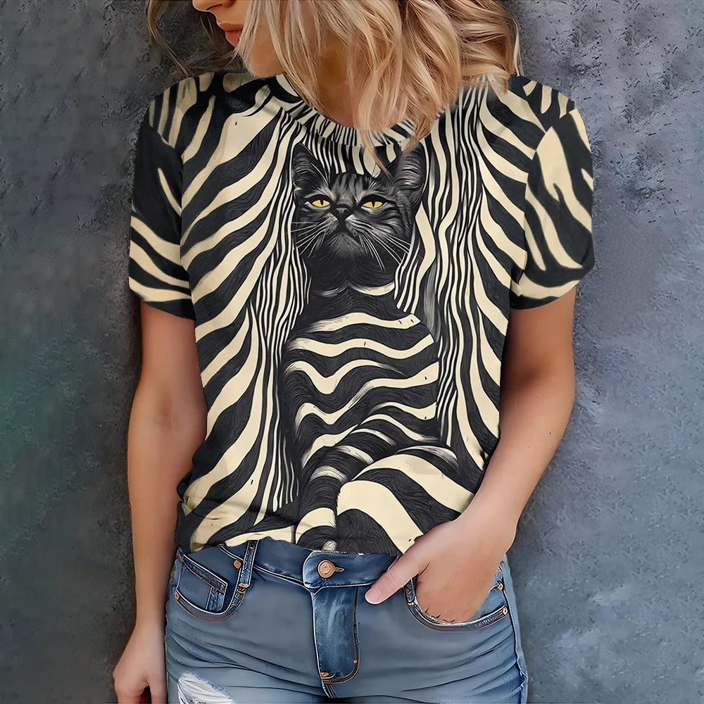 Whisker Waves Tee -  Person wearing a t-shirt with a zebra print and black cat design against a gray background - JBCoolCats 