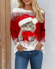 Load image into Gallery viewer, Person wearing a red festive sweater with a cat  in Santa hat with snowflake trim. Santa Paws Cozy Chic Long Sleeve Shirt - Christmas - JBCoolCats