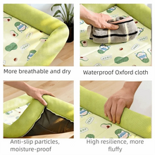 Load image into Gallery viewer, Product features of a green mat with cartoon designs, including breathability, waterproofness, anti-slip particles, and resilience  Cool Cat Summer Silk Retreat Bed - Features - JBCoolCats