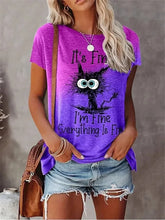 Load image into Gallery viewer, Person wearing a purple t-shirt with a graphic and text, standing against a neutral background. I’m Fine… Totally Feline Tee - Clothing - JBCoolCats