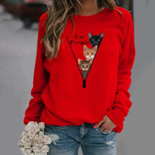 Load image into Gallery viewer, Person wearing a red sweatshirt with cat designs and text, - Ew People 3-Cat Peekaboo Fleece - Crimson Catitude - JBCoolCats