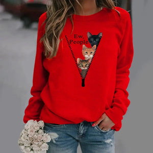 Person wearing a red sweatshirt with cat designs and text, - Ew People 3-Cat Peekaboo Fleece - Crimson Catitude - JBCoolCats