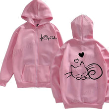 Load image into Gallery viewer, Pink hoodie with a cat illustration on the back, displayed from front and back views - Meowgic Lineup Cat Hoodie - Pink Pounce - Paws &amp; Affection – JBCoolCats