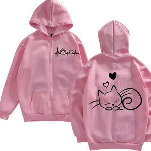Pink hoodie with a cat illustration on the back, displayed from front and back views - Meowgic Lineup Cat Hoodie - Pink Pounce - Paws & Affection – JBCoolCats