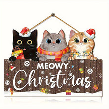 Load image into Gallery viewer, Decorative sign with three cats wearing Christmas hats and scarves, and the text 'MEOWY Christmas' on a wooden background.Meowy &amp; Bright Holiday Wall Sign – Christmas - JBCoolCats