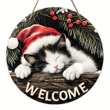 Load image into Gallery viewer, Round Christmas ornament with a cat wearing a Santa hat and the word 'WELCOME'. Christmas Cat Welcome Sign - Christmas - JBCoolCats