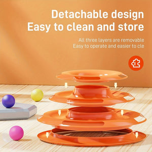 Orange pet toy with detachable design on a wooden surface, featuring text about ease of cleaning and storage - Cat Toys - JBCoolCats.