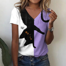 Load image into Gallery viewer, Woman wearing a two-tone shirt with an upside down black cat design - Flip the Cat T-Shirt - Twilight Tumble - JBCoolCats