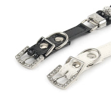 Load image into Gallery viewer, Close-up of black and white leather straps with silver buckles Pearl and Rhinestone Glam Collar - Features - JBCoolCats