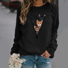 Load image into Gallery viewer, Person wearing a black sweatshirt with cat design and text - Ew People 3-Cat Peekaboo Fleece - Midnight Meow - JBCoolCats