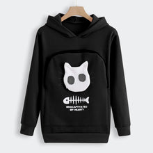 Load image into Gallery viewer, Black hoodie with a white graphic design on a hanger against a white background. Snuggle‑Me Pet Pouch Hoodie - Midnight Whiskers Black- JBCoolCats