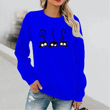 Load image into Gallery viewer, Blue sweatshirt  with 3 peeking black cats - JBCoolCats