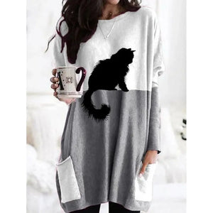 Casual Black Cat Long Sweater - Grey - JBCoolCats