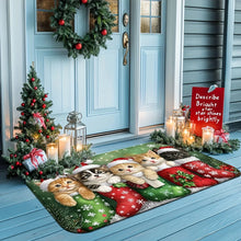 Load image into Gallery viewer, Decorative Christmas doormat with cats in stockings on a door step. Paws &amp; Stockings Christmas Cat Mat - Standard Size- JBCoolCats