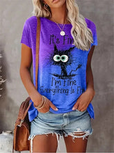 Load image into Gallery viewer, Person wearing a blue t-shirt with a cat graphic and text, holding a brown bag. I’m Fine… Totally Feline Tee - Clothing - JBCoolCats