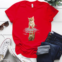 Load image into Gallery viewer, Red t-shirt with a cat and tiger reflection design, Tiger Reflection Graphic T-Shirts -  JBCoolCats