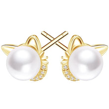 Load image into Gallery viewer, Gold Cat ear-shaped pearl earrings showing stud back - JBCoolCats