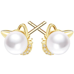 Gold Cat ear-shaped pearl earrings showing stud back - JBCoolCats