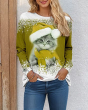 Load image into Gallery viewer, Person wearing a Olive festive sweater with a cat  in Santa hat with snowflake trim. Santa Paws Cozy Chic Long Sleeve Shirt - Christmas - JBCoolCats