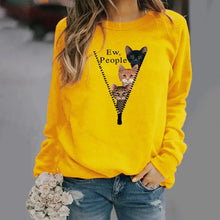 Load image into Gallery viewer, Yellow sweatshirt with cat graphic and text &#39;Ew, People&#39; worn by a person - Ew People 3-Cat Peekaboo Fleece - Sunbeam Stare - JBCoolCats