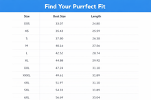 Load image into Gallery viewer, Table for finding clothing size fit with bust and length measurements. Spring In The Air Cat T-Shirt - Size Chart - JBCoolCats