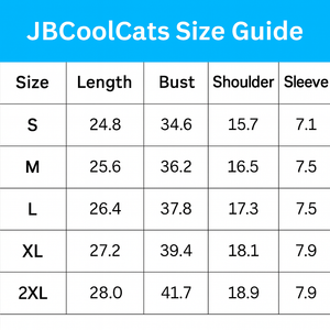 Stripe and Seek: The Curious Cat T-Shirt – Size Chart - JBCoolCats