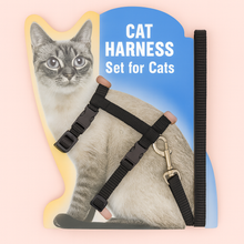 Load image into Gallery viewer, Cat harness set with a cat illustration Nylon Cat Harness and Leash – Black  - JBCoolCats
