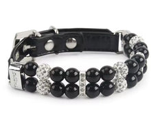 Load image into Gallery viewer, Black pearl bracelet with silver accents and Rhinestones - Midnight Meow -  Black Leather - JBCoolCats