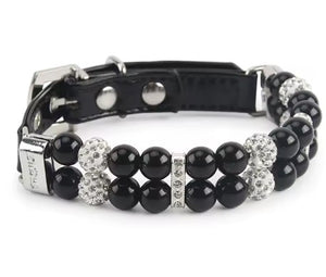 Black pearl bracelet with silver accents and Rhinestones - Midnight Meow -  Black Leather - JBCoolCats