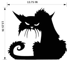 Load image into Gallery viewer, Black cat silhouette decal or sticker shown with dimension arrows and text indicating 13.75 IN width and 13.25 Spooky Black Cat Window Décor - Large Size- JBCoolCats