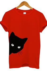 Red t-shirt with a t-shirt with a Black cat face peeking  cat graphic Casual Funny Cat T-Shirt - Red - JBCoolCats