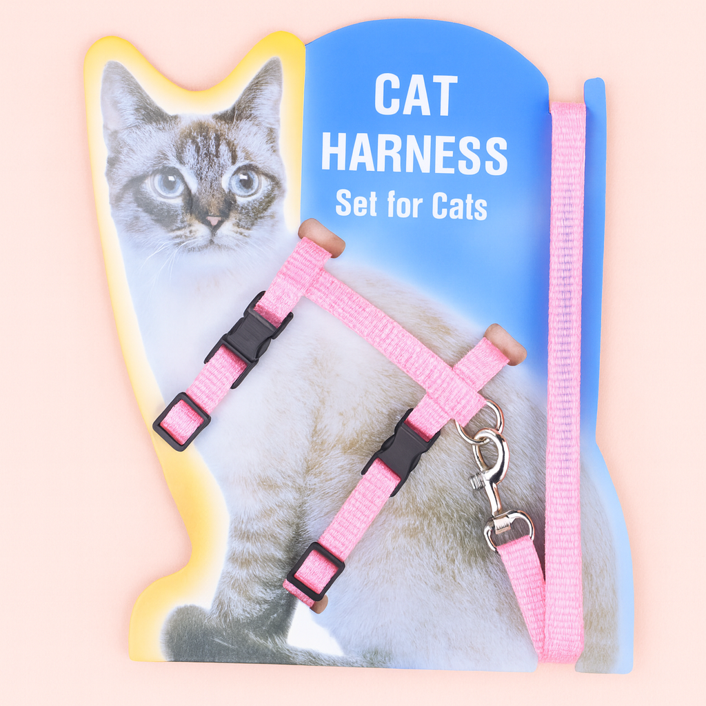 Cat harness set with pink straps and a blue card featuring a cat illustration Nylon Cat Harness and Leash – Pink - JBCoolCats