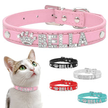 Load image into Gallery viewer, Pink cat collar with 'Bella' and a crown design, surrounded by other color Personalized Rhinestone Leather Cat Collar - Accessory - JBCoolCats