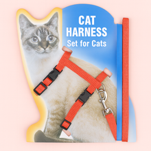 Load image into Gallery viewer, Cat harness set with a blue card featuring a cat&#39;s face Nylon Cat Harness and Leash – Red - JBCoolCats