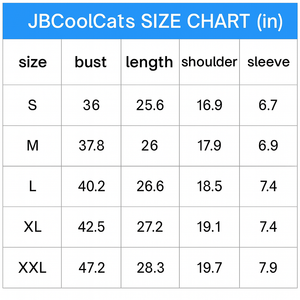 Tree? What Tree? Cat T-Shirt – Size Chart - JBCoolCats