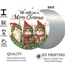 Load image into Gallery viewer, Circular product with Christmas-themed design of three cats, surrounded by text and icons indicating features and specifications. - Meowy Christmas Aluminum Sign  - JBCoolCats