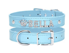 Load image into Gallery viewer, Personalized Rhinestone Leather Cat Collar - Blue - JBCoolCats