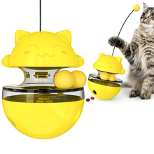 Load image into Gallery viewer, Yellow cat-shaped food toy with a cat interacting Fun &amp; Food Tumbler Toy - Yellow - JBCoolCats