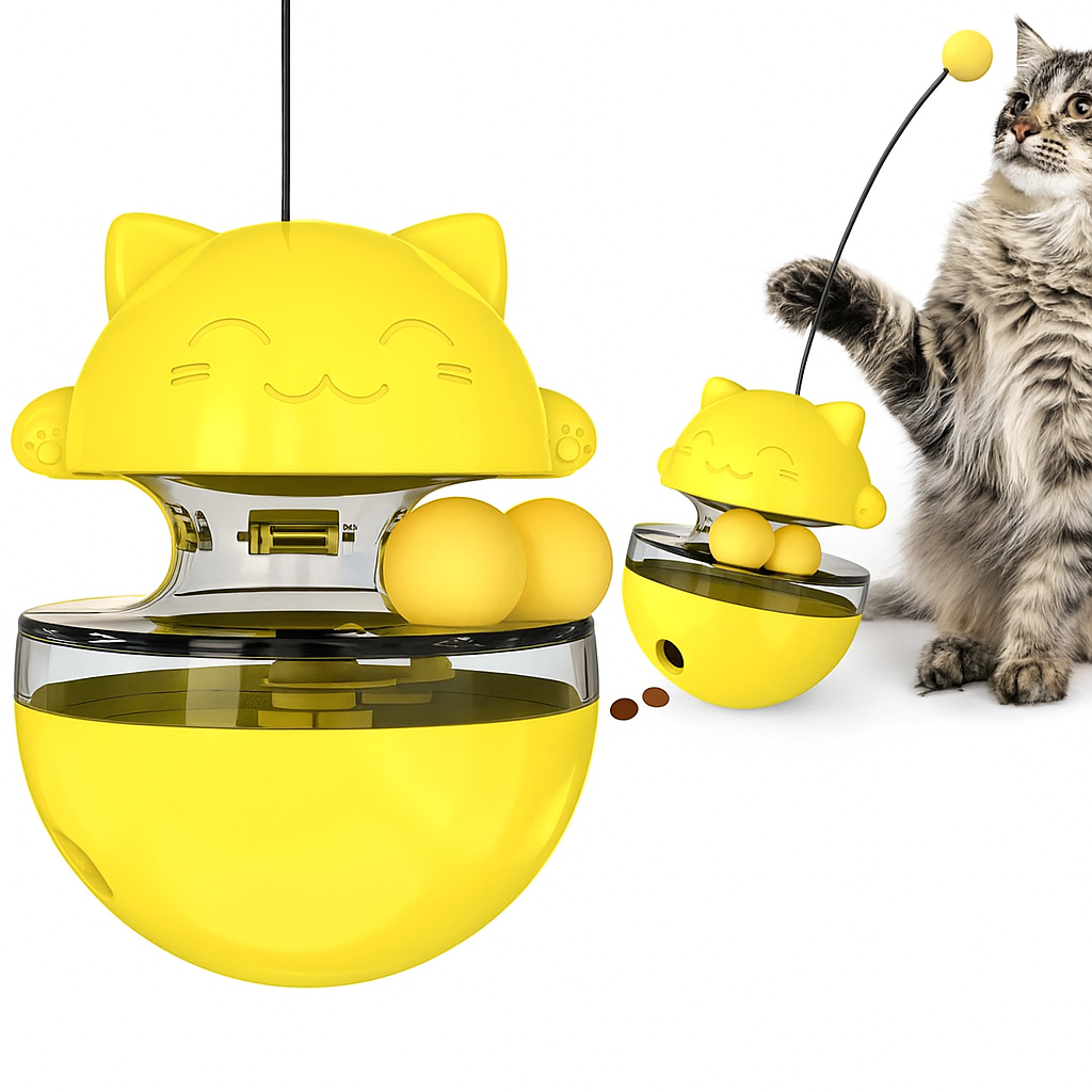 Yellow cat-shaped food toy with a cat interacting Fun & Food Tumbler Toy - Yellow - JBCoolCats