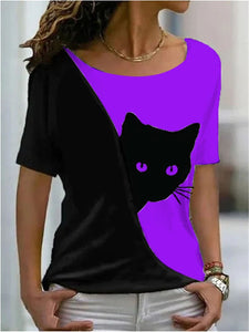 Vibrant Casual Funny Cat T-Shirt - Purple & Black - JBCoolCats