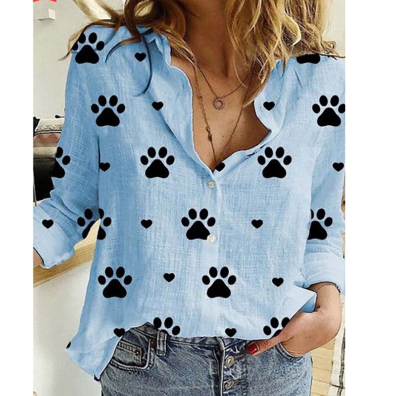Long Sleeve Vintage Paw Print Shirt - Blue - JBCoolCats