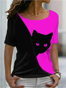 Vibrant Casual Funny Cat T-Shirt - Hot Pink & Black - JBCoolCats