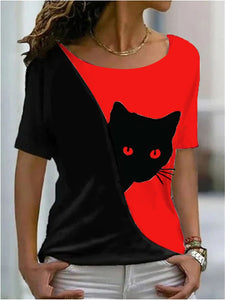 Vibrant Casual Funny Cat T-Shirt - Red & Black - JBCoolCats