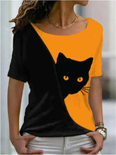 Load image into Gallery viewer, Vibrant Casual Funny Cat T-Shirt - Tangerine &amp; Black - JBCoolCats