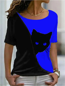 Vibrant Casual Funny Cat T-Shirt - Royal Blue & Black - JBCoolCats