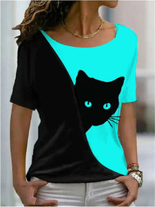 Vibrant Casual Funny Cat T-Shirt - Turquoise & Black - JBCoolCats